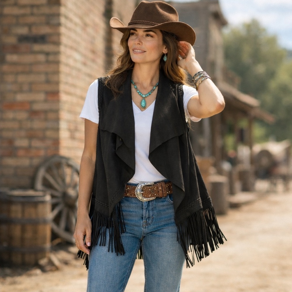 Montanaco Women’s Black Fringe Vest Size L‎